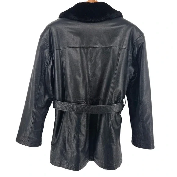 Wilsons Leather Womens Black Jacket‎ Faux Fur Collar Lining Belted Trench Coat M - Picture 2 of 12
